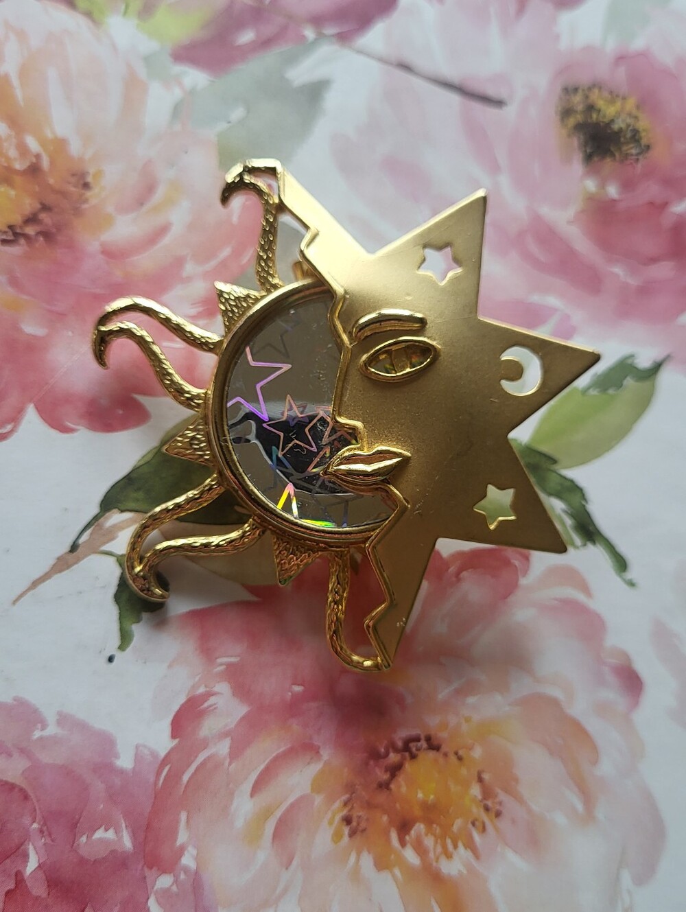 Vintage Sunburst Holographic Sun Moon Gold Tone Brooch Pin